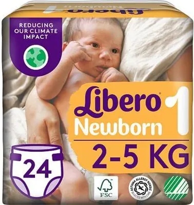 A package of Libero newborn diapers with a baby on the front.