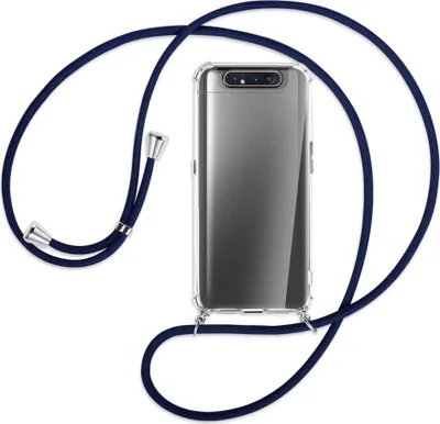Produktbild von Handykette Backcover-Schutzhülle mit Band (Metall silberfarben) für Samsung Galaxy A80 - dunkelblau