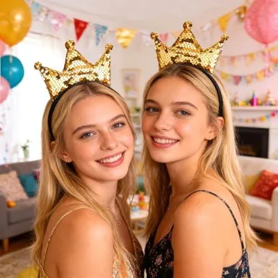 Produktbild von 2 goldene Pailletten-Kronenstirnbänder für Mädchen und Frauen – glänzender Haarschmuck für Geburtstag, Karneval, Party und Kostüm