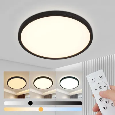 Image de ZMH Plafonnier LED Variateur d'intensité - 20W Salle de bain Lampe plate Chambre Noir Ø30cm Salle de bain Plafonnier rond avec télécommande