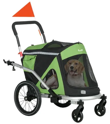 Produktbild von Hundefahrradanhänger 2-in-1 mit Buggy | Farbe: Grün und Schwarz | Abmessungen: 68x150x95 cm
