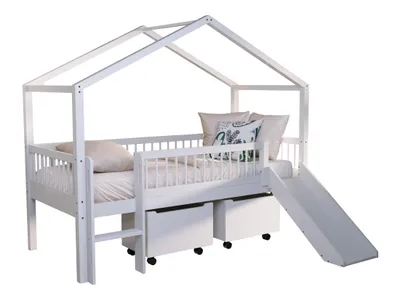 Produktbild von VIPACK - FORREST Buche Spiel-Hausbett 90x200cm, inkl. Lattenrost, Dachaubau, Rutsche und 2 Rollboxen, Buche massiv weiß lackiert