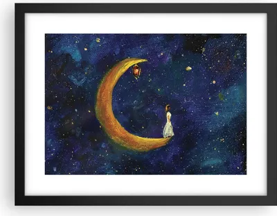Produktbild von Gerahmtes Poster - Schwarzer Rahmen - Mädchen auf der Mond - 40x30 cm - Wand Bild - Wanddeko - Wandbilder - Kunstposter - Wandposter - Bilderrahmen - Bilder - Kunstdruck - P2BAA40x30-4575