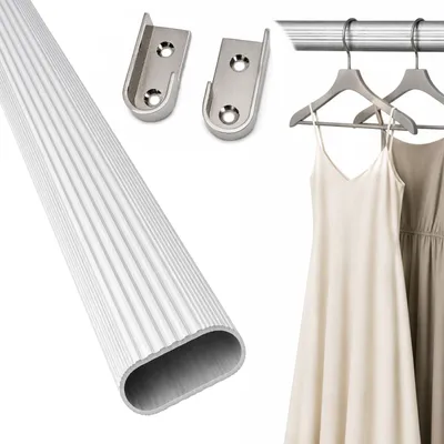 Produktbild von HOOZ® Kleiderstange 60 cm Oval Aluminium [SCHRANK- & WANDMONTAGE] inkl. Halter Schrankrohr Schrankstange Garderobenstange Silber