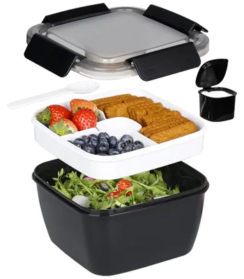 Produktbild von Auslaufsichere Bento-Lunchbox mit 1 Gabel, Salatbehälter mit Dressingbehälter, 3 Fächer - Salatbox für unterwegs: Schule, Arbeit, Picknick, Reisen, Camping (schwarz, 1500 ml)