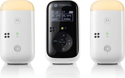 A Motorola baby monitor set with two parent units and one baby unit.
