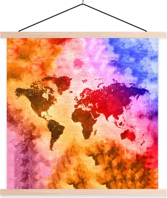Produktbild von MuchoWow® Textilposter Weltkarte - Farben - Abstrakt 60x60 cm mit holzfarbenen Rahmen - Wanddekoration