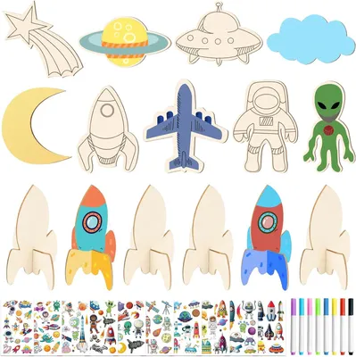 Imagen del producto de Kit de construcción de cohetes de madera, de 33 piezas, con pegatinas y rotuladores, para niños