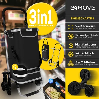 Produktbild von 24MOVE® Einkaufstrolley ALEGRE 3in1 Trolley faltbarer Einkaufswagen mit Kühlfach, schwarz