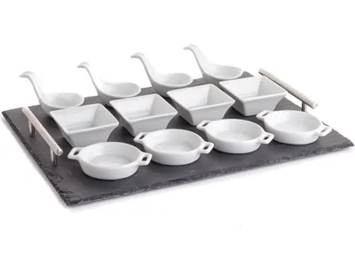 Produktbild von 13 tlg.Vorspeise-Set Tablett Schiefer Häppchenlöffel Servierschalen Pfännchen