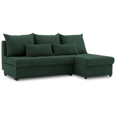 A green sectional sofa with multiple pillows is shown against a white background.