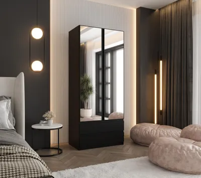 Produktbild von Drehtürenschrank 190x70x48 cm Schwarz mit 2 Spiegeln und 2 Schubladen – Moderner Kleiderschrank ideal für Schlafzimmer und Flur