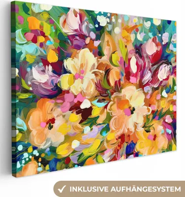 Produktbild von MuchoWow® - Leinwandbilder - Gemälde - Ölfarbe - Blumen - Regenbogen, Wandbild, Wanddeko Bilder Wohnzimmer, 40x30 cm