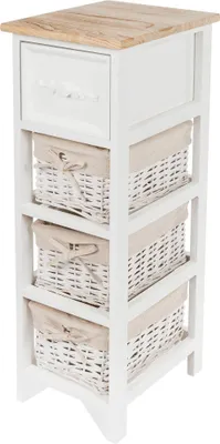 Obrázok produktu pre Vintage drevená komoda biela s 2 ratanovými košíkmi – 62 x 32 cm – stojanová polička so zásuvkou v štýle vidieckeho domu
