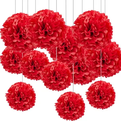 Produktbild von Set mit 12 roten Pompons aus Seidenpapier für Party-Deckendekorationen