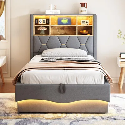 Produktbild von STILVORA 90x200 Polsterbett mit Nachttisch und USB Ladeschnittstellen,Jugendbett mit LED-Licht durch APP-Steuerung,Einzelbett mit Metall-Lattenrost,Leinen,mit Matratze,Grau
