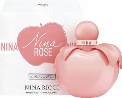 A bottle of Nina Ricci Nina Rose Eau de Toilette and its packaging are displayed against a white background.