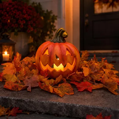 Produktbild von XXL Halloween-Kürbis Set 26 cm groß mit Herbstgirlande und LED-Teelicht