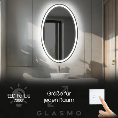 Produktbild von Wandspiegel mit Beleuchtung 70x130 cm Vivian - Vertikal Oval Badspiegel mit LED Beleuchtung - Kaltweiß 7000K - Badezimmerspiegel Lichtspiegel