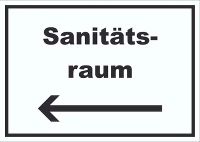 Produktbild von Sanitätsraum Schild mit Text und Richtungspfeil links Krankenzimmer waagerecht A4 (210x297mm)