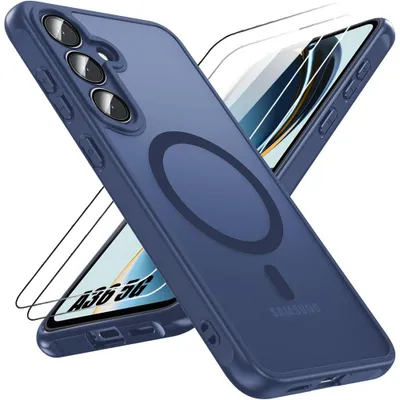 Image de Coque et 2 Verres Trempés pour Samsung Galaxy A36 5G, avec Anneau Magnétique et Protection Caméra - Bleu Marine
