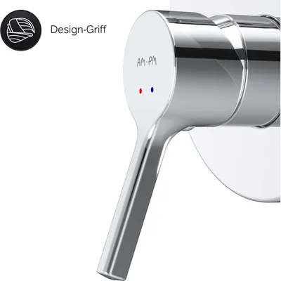 Close-up of a chrome faucet handle with red and blue indicators for hot and cold water.