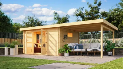 Produktbild von Gartenhaus Blockbohlenhaus Gerätehaus  Trittau 5 im Set mit Anbaudach 3,3 m naturbelassen 679x297x217 cm