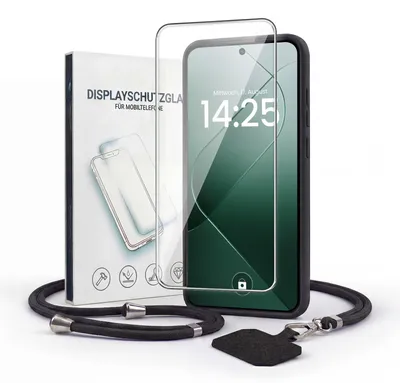 Produktbild von Handyhülle für Xiaomi 14 mit Handykette und 9H Displayglas Displayschutz Band Kordel Hülle Case Schutzhülle Schwarz