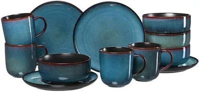 Imagen del producto de Juego de desayuno Unyqoos® de 12 piezas, fabricado en loza, para 4 personas: 4 tazas de café, 4 cuencos y 4 platos llanos. Apto para lavavajillas
