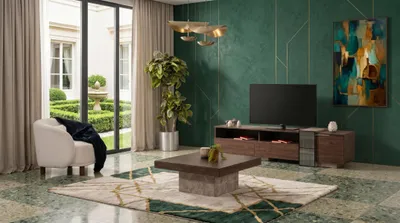 Immagine prodotto di Televisore marrone, mobile TV a basso profilo, tavolino da caffè, soggiorno moderno