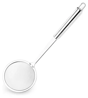 A stainless steel skimmer with a long handle against a white background.