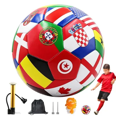 Imagen del producto de Balón de fútbol, talla 5, con diseño curvo, incluye bomba, red y aguja, ideal para juegos al aire libre