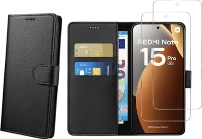 Produktbild von Hülle für Xiaomi Redmi Note 15 PRO 5G und 2 gehärtete Gläser – Schwarze Brieftasche mit Klappverschluss und Magnetverschluss zur Aufbewahrung von Karten Phonillico®