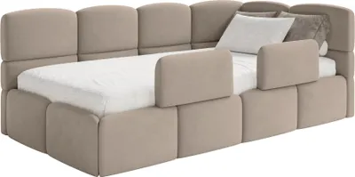 Produktbild von Selsey Cloudy – Kinderbett 120x200, Kopfteil rechts, Matratze & Bettkasten, Samt Beige