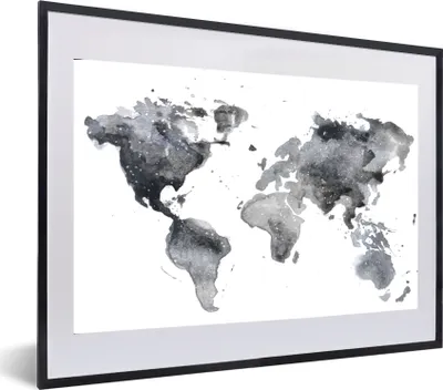 Produktbild von MuchoWow® MuchoWow® Gerahmtes Poster Weltkarte - Abstrakt - Grau - Aquarell 60x40 cm - Poster mit zchwarzem Bilderrahmen - Schlafzimmer - Plakat in Rahmen - Drucken