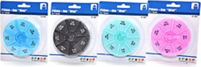 Produktbild von Praktische Pillenbox für 7 Tage – Mini Medikamentendose Ø 90mm für unterwegs farbig sortiert 1 Stück
