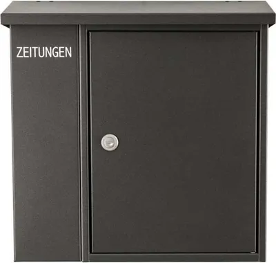A dark gray mailbox with a newspaper compartment.