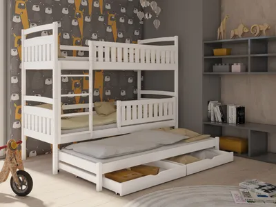 Produktbild von Podkrovná posteľ 90x200 cm s výsuvným lôžkom Poschodová posteľ s funkciou výsuvu, dve zásuvky, lamelový rám, ochrana proti vypadnutiu, rozložiteľná na tri samostatné postele, detská posteľ z masívu v bielej farbe 200x90