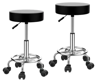 Produktbild von 2er-Set runde Arbeitshocker aus Kunstleder, drehbar, Rollhocker, 360° schwenkbar, höhenverstellbar von 48 bis 65 cm, für Büros, Salons, Massagebäder (Schwarz)