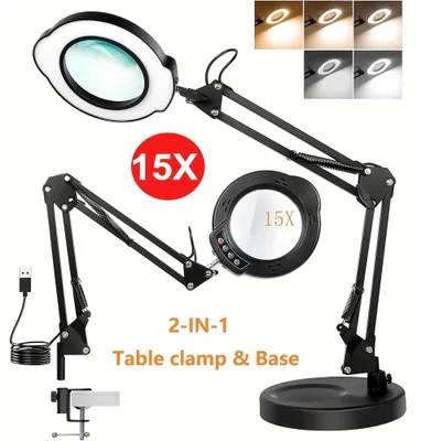 Produktbild von 15-fach Lupenlampe mit LED-Beleuchtung, Tischklemme, 5 Lichtfarben, stufenlos dimmbar, USB 5 V, für Basteln, Nähen und Handarbeit