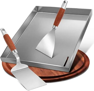 Produktbild von Premium Plancha Set mit Grillspachtel -30x40cm Edelstahl Grillplatte Universal Grillschale für Gasgrill und Kohlegrill-Massive 4mm Edelstahl Grillplatte