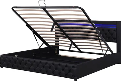 Produktbild von Flieks Polsterbett mit Stauraum und Lattenrost, Boxspringbett 140x200cm Doppelbett mit Led, Stauraumbett Funktionsbett, Schwarz