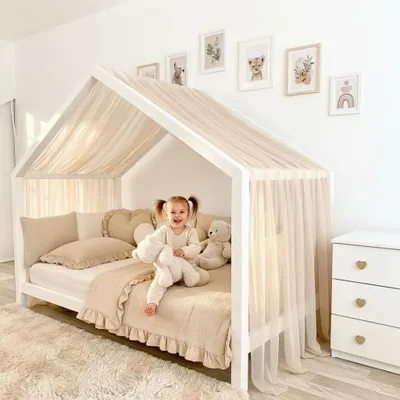 Produktbild von Baby Fancyroom Hausbett Himmel aus Tüll, Handgefertigt, Gekräuselt, Baldachin, Betthimmel für Kinderbett Kinderzimmer (Beige, 300cm)