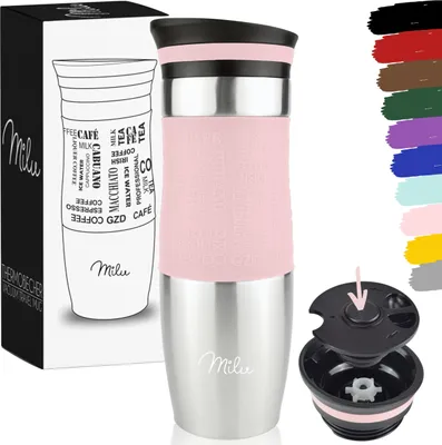 Produktbild von Milu Thermobecher Kaffee to go, 450ml Isolierbecher Kaffeebecher - 100% Auslaufsicher - Trinkbecher Edelstahl - Autobecher doppelwand Isolierung, Rosa