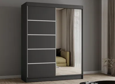 Produktbild von Krudox Kleiderschrank Schiebetür Grau 180 cm mit Spiegel Schlafzimmer Mehrzweckschrank mit Kleiderstange