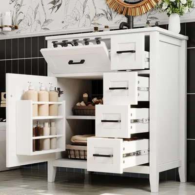 Produktbild von Merax Waschtischunterschrank mit Keramikwaschbecken, 5 Schubladen, Türen mit Stauraum, Freistehend Badezimmerschrank, Modern, 76x46x90cm, Weiß
