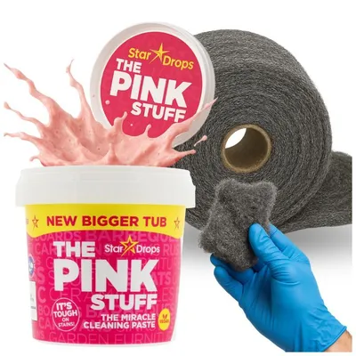 Produktbild von The Pink Stuff 850g Reinigungspaste + Stahlwolle 250g Grad 0+00 – Universalreiniger & Polierwolle gegen Fett, Eingebranntes, Rost, Kalk, Küche
