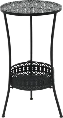 A black metal side table with a decorative top and a basket-like shelf.
