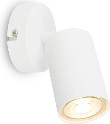 A white wall lamp with a spotlight head, mounted on a white wall.