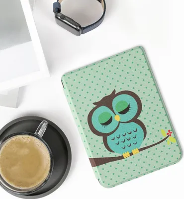 Produktbild von kwmobile Schutzhülle für Kobo Clara 2E / Tolino Shine 4 Hülle - eReader Flip Case mit Auto Sleep Funktion - Eule Schlaf mit Türkis Braun Mintgrün
